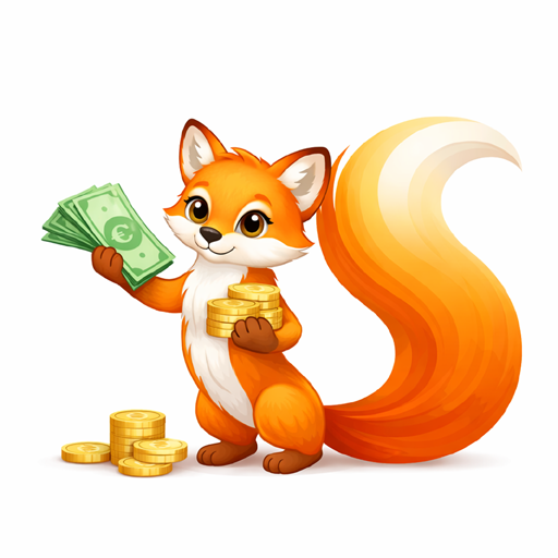 Illustration eines Maskottchens Fuchs mit Geld als Symbol für die Kosten und Preisübersicht des Angebotes Lerntherapie, Elterngespräch und Schnupperstunden