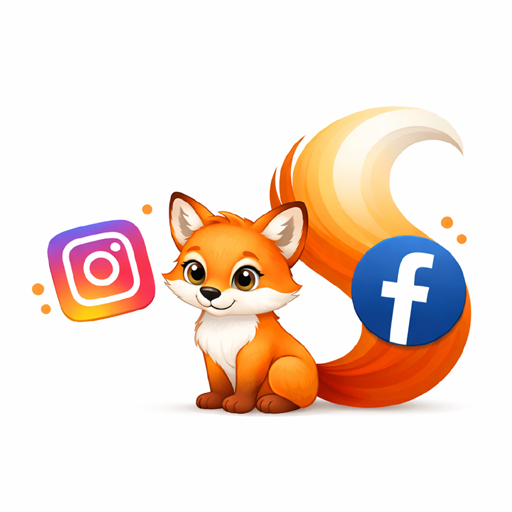 Illustration eines Maskottchens Fuchs mit Social Media Icons als Symbol für Kontaktaufnahme über die verlinkten Social Media Icons.